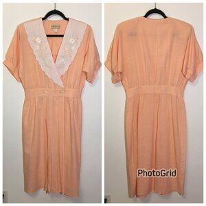 Vintage 80s Volup Peach Day dress with Dainty Emboridered Collar Ultra Feminine